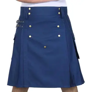 Men's Scottish Utility Kilt Cotton Cargo Pockets Skirt Highlander kilt Traditional Menswear Blue Short