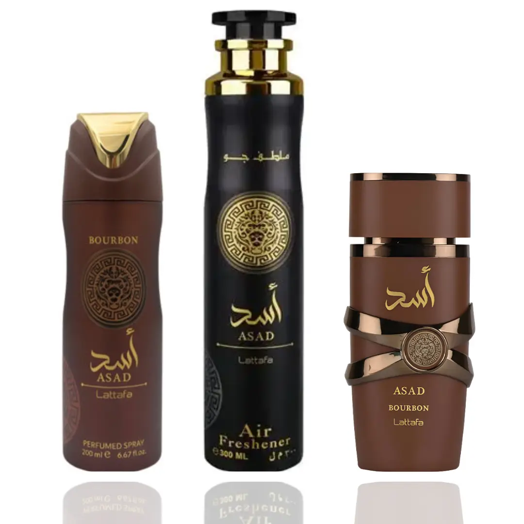 Lattafa Asad Bourbon Longlasting Men's Fragrance Bundle - 3-Piece Set with Scented Deodorant, Perfume, and Aroma Spray Air Freshener