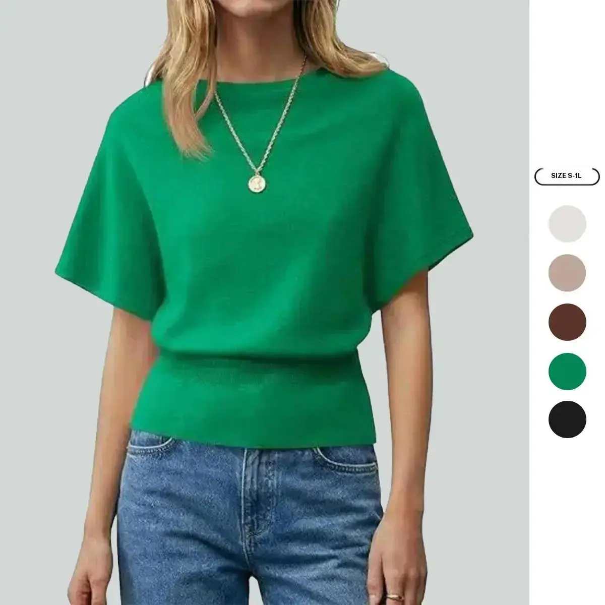 Imily Bela Womens Boat Neck Summer Tops Batwing Dolman Short Sleeve Trendy Ribbed Knit Cinched Waist Knit Sweater Top