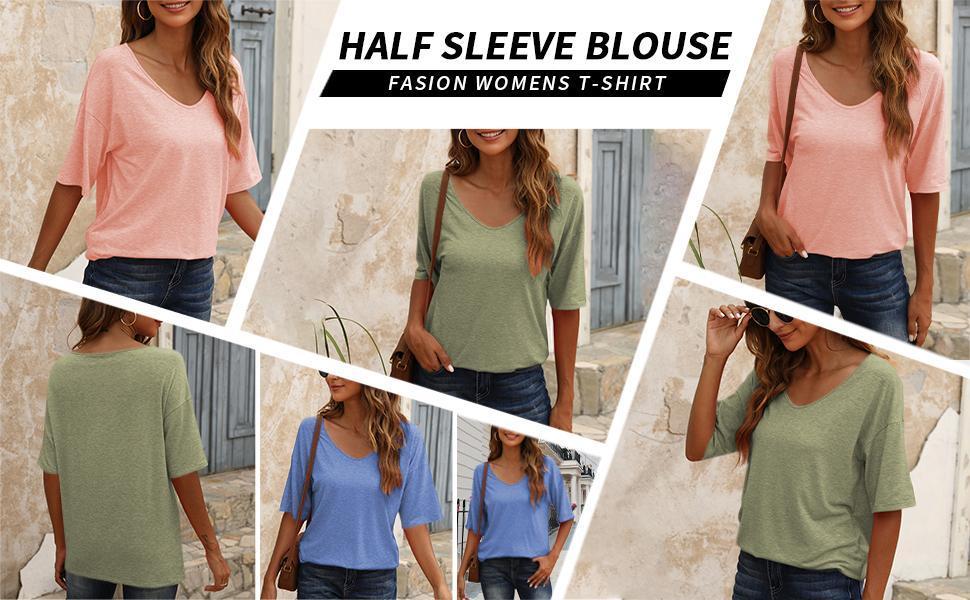 Imily Bela Women's 3/4 Sleeve Shirts V Neck Loose Fitting Tops Casual Solid Color Tshirts Trendy Basic Tunic Summer Ladies Tops Imily Bela Women's 3/4 Sleeve Shirts V Neck Loose Fitting Tops Casual Solid Color Tshirts Trendy Basic Tunic Summer Ladies Tops