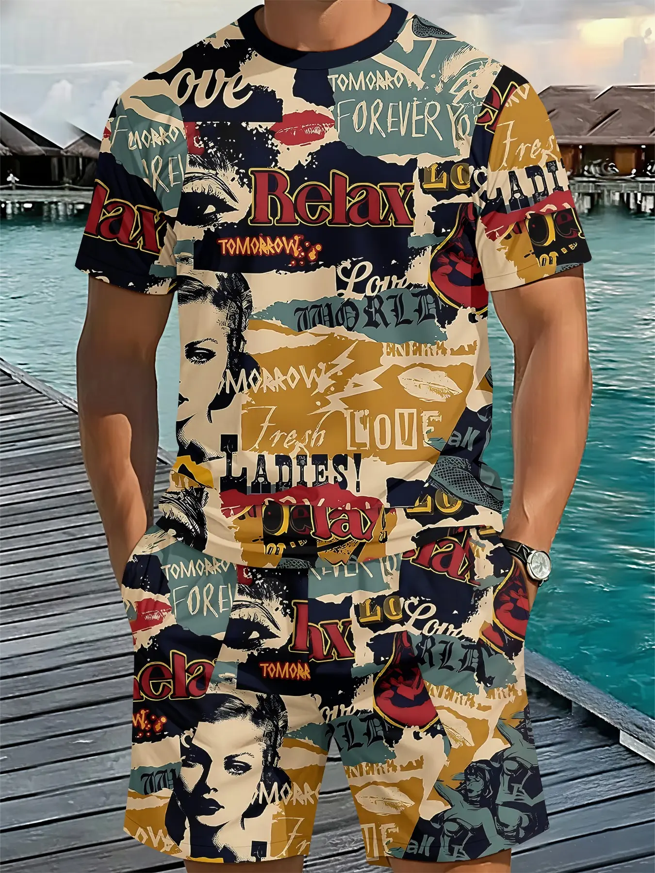 Vintage graffiti all-over print 3D digital printing two-piece top set, Casual clothing set, Menswear, Round neck, Mixed, vintage casual two-piece set, vacation-style outfit, breathable casual style, Fitted Clothes