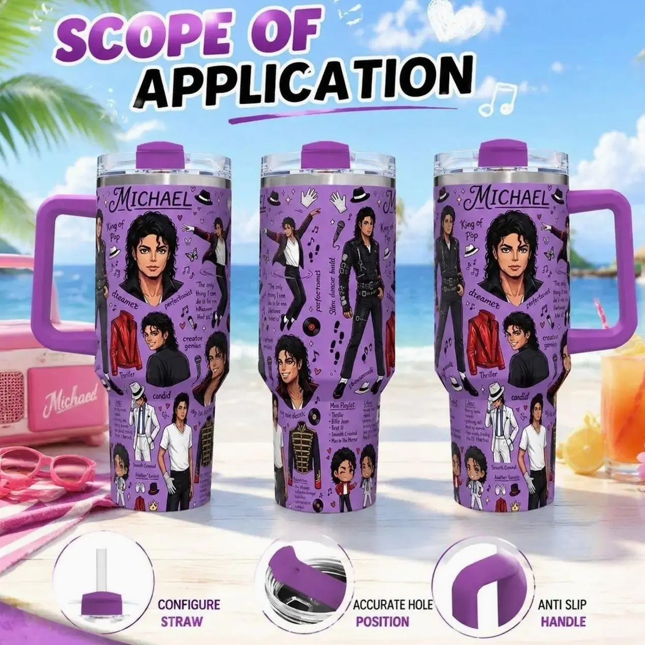 Michael Jackson 40oz Tumbler With Handle Stainless Steel Insulated Cup King Of Pop Fan Gift Music Legend Collectible Tumbler Reusable Travel Mug Large Capacity Water