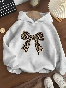 Girls' Leopard Bow Hoodie Sweatshirt, Wild Leopard Bow Design, Casual Fitted Kids Sweater, Soft Fabric, Trendy Sweet Style, Cute Animal Sweatshirt