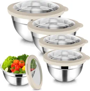 Mixing Bowls, 4.5/3/1.5/1/0.7 QT Stainless Steel Nesting Salad Bowls with Visible , For Serving/Mixing/Storing,  & Heavy Duty, Airtight & Easy Clean, Khaki, Set of 5