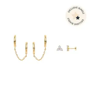 PAVOI 14K Yellow Gold Plated Double Piercing Chain Huggie & Cubic Zirconia Flat Back Earrings - TikTok Set