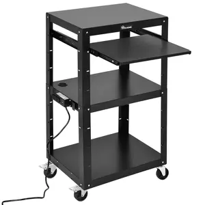 OEDRO Large AV Cart on Wheels, Metal Presentation Cart with Keyboard Tray and Power 16.4ft Extra-Long Cord, Rolling Storage Cart with Wheels and Adjustable Shelves, Black Organiser Racks