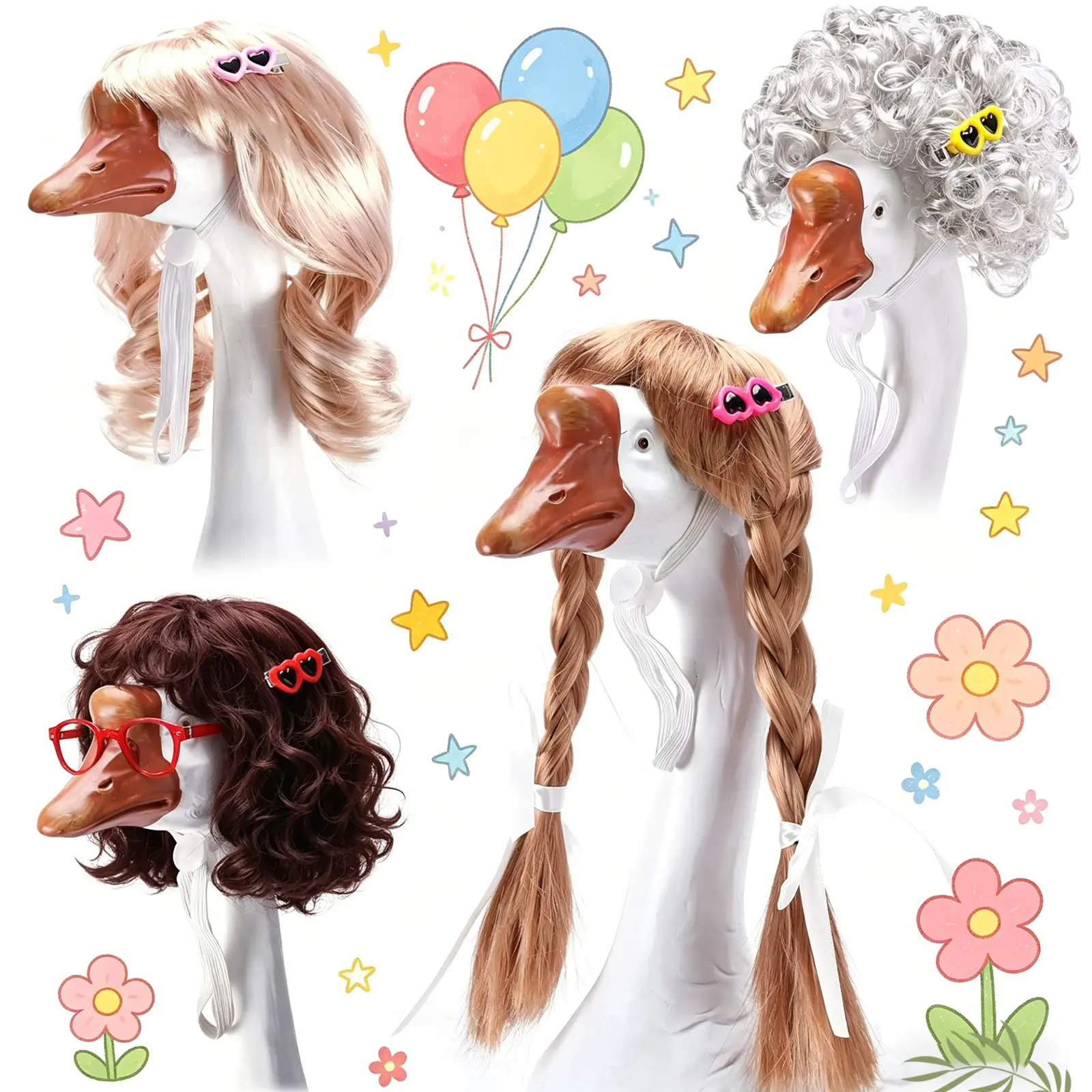 4 Pcs Chemical Fiber Adjustable Porch Goose Wig Kit with Hair Clips, Cute DIY Felt Crafts Accessory, Outfits for Outdoor Decor & Goose Statue Patio Yard Decoration, Playful Curls