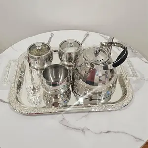 Mate set 6 pcs . Elegant Sugar Pot with Spoon and Crystal Knob Lid and a luxury silver tray ( set of 6pcs ) - Silver Design with Lid and Spoon Included