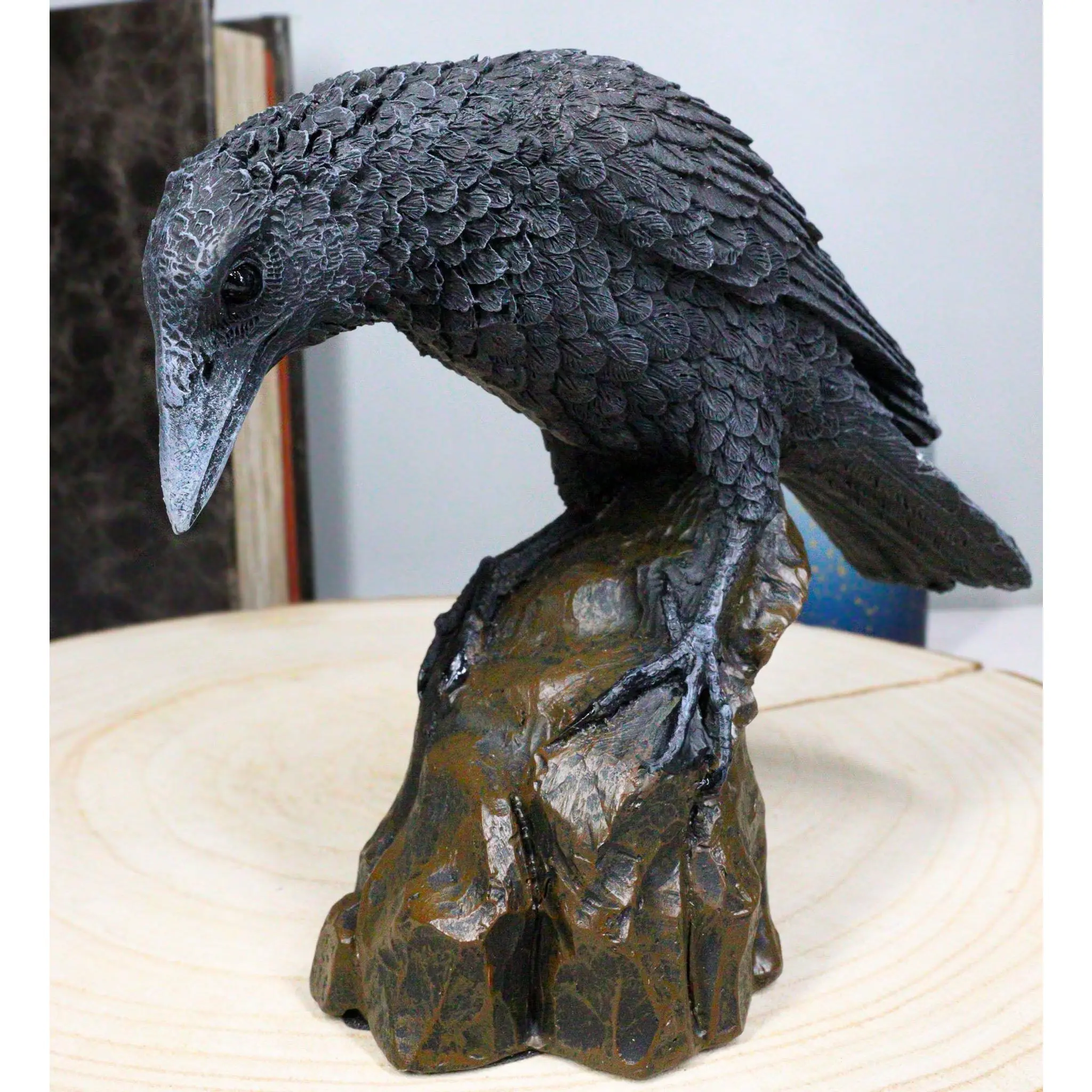 Spooky Handcrafted Raven Perching on Rock Statue, 5" Tall, 2.5" Wide, 5 1/8" Deep Gothic Crow Scavenger Bird Home Decor Figurine