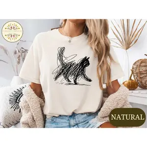 Vintage Cat Line Abstract Art Graphic Tee, Minimal Sketch Cat T-shirt Modern Aesthetic Artsy Cat Lover Trending Unisex Streetwear Gift