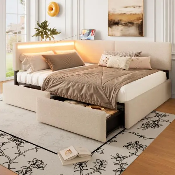 Beige Upholstered Cloud Bed Frame with Headboard, 2 Storage Drawers, LED Lights, USB Charging Design, Solid Wood Legs & Slats, No Box Spring Needed Modern Bed Frame Sturdy Bed