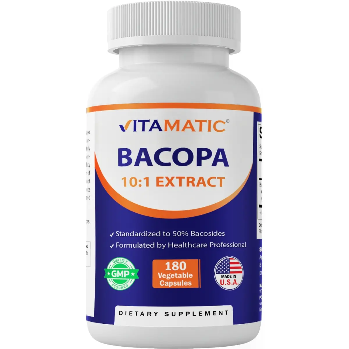 Vitamatic Bacopa Monnieri 10:1 Botanical Extract Nootropic Vegetarian Capsules - 250mg Per Serving, 180Ct, Gluten Free, Non-GMO, GMP Certified, Sugar Free, Magnesium-Infused, for Adults' Brain & Body Health, Health Support Vitamins Supplements