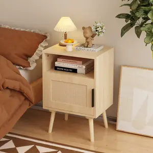 22.83'' H Rattan Nightstand with Door - Oak Accent Side Table with Solid Wood Legs, Open Shelf for Bedroom Small Spaces