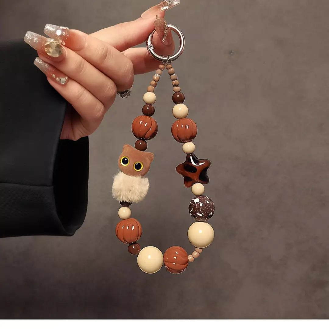 Cute Style Beading Phone Straps & Charms, Autumn-Winter Brown Cartoon Cat Animal Motif Handheld Chain Short Wrist Lanyard for Phone Cases, Car Keychains, Everyday Bag Pendants, Short Lanyard, Elegant Phone Straps & Charms