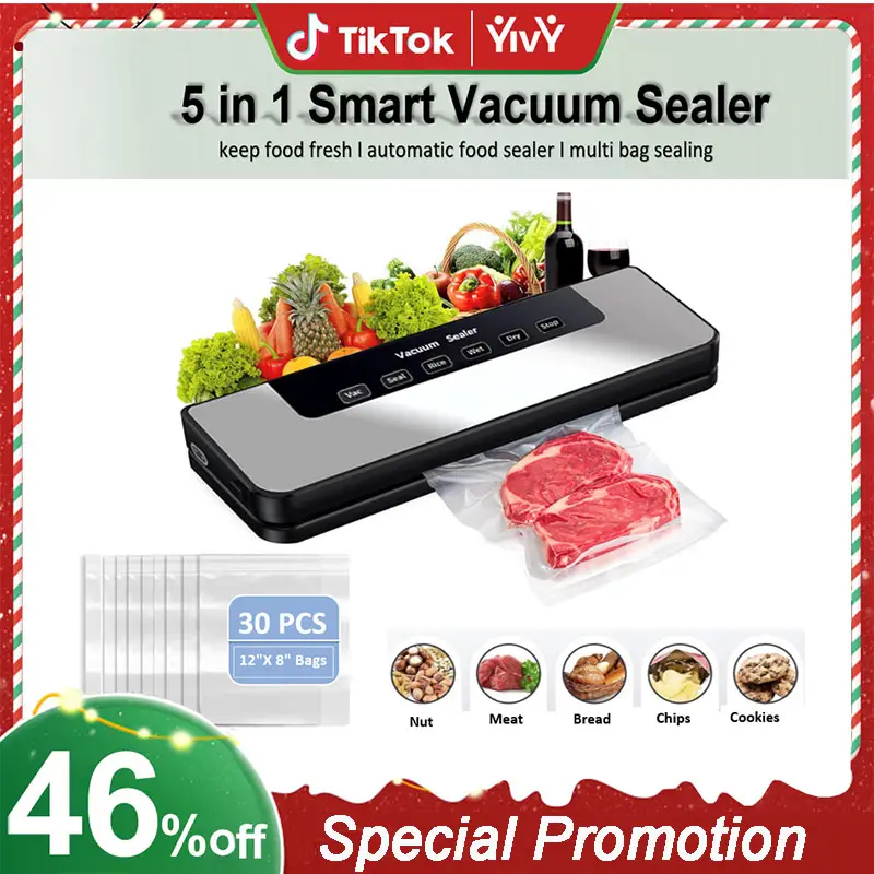 Yivy Vacuum Sealer Machine, Automatic Food Saver with Suction Power, 5 in 1 Food Vacuum Sealer with 30pcs Vacuum Sealer bags, Electric Durable Food St