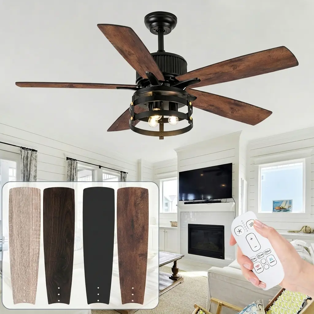 52 Inch Farmhouse Caged Ceiling Fan with Light, Dual-Finish 5 Blade Indoor Ceiling Fan with Remote, Quiet DC Motor Modern Black Rustic Ceiling Fan, DIY 3 Bulb Design for Living Room Bedroom Kitchen
