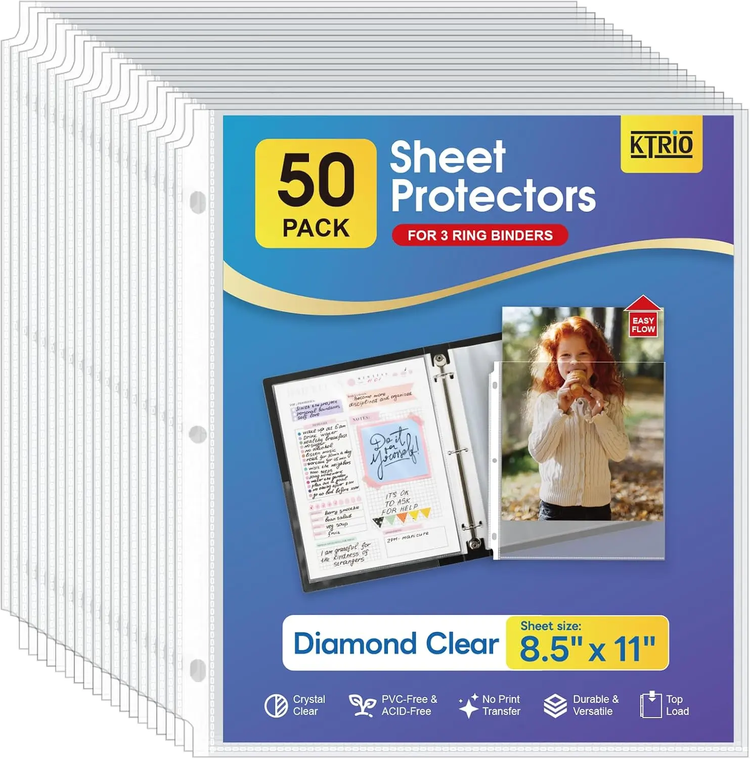 KTRIO Sheet Protectors 50 Pack, Heavyweight Clear Page Protectors for 3 Ring Binder, 8.5 x 11 Inch Letter Size, Top Loading, PVC-Free Non-Glare Document Sleeves