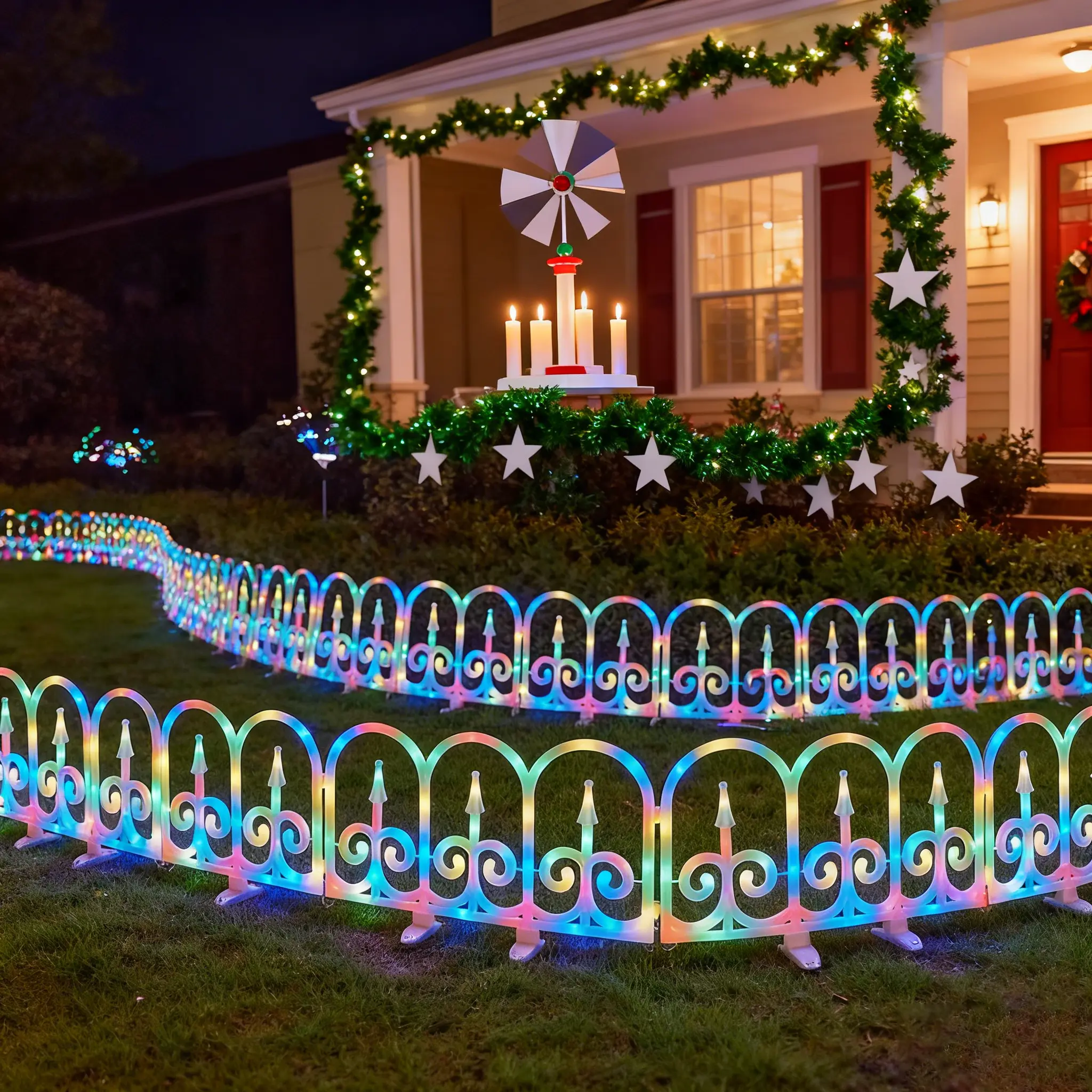 8-Piece Solar Fence Light Ornaments, 38cm Wide x 36cm High, Colorful LED Flashing Lights for Outdoor Garden, Christmas Holiday Decorations, Outdoor Garden Accessories, 38X36cm