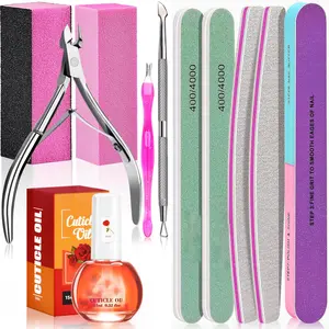 Manicure Tools Kit Nail Care Kit with 3PCS Files, 2PCS Buffer Blocks, 2PCS Polishing Buffers, Cuticle Nipper, Pusher and Cuticle Oil