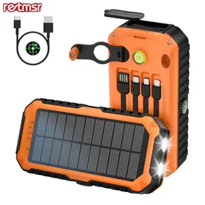 RETMSR 40000mAh Solar-Powered Power Bank: Wireless charging, built-in flashlight, compass, hand crank, 22.5W fast charging, 4 data cables and 6 output ports. Suitable for outdoor hiking, fishing, etc., a portable solar charger.