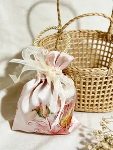 10pcs Peony Print Drawstring Gift Bags, Satin Material, Reusable, Ideal for Chinese Weddings, Festive Gifts, Jewelry Storage, Gift Container