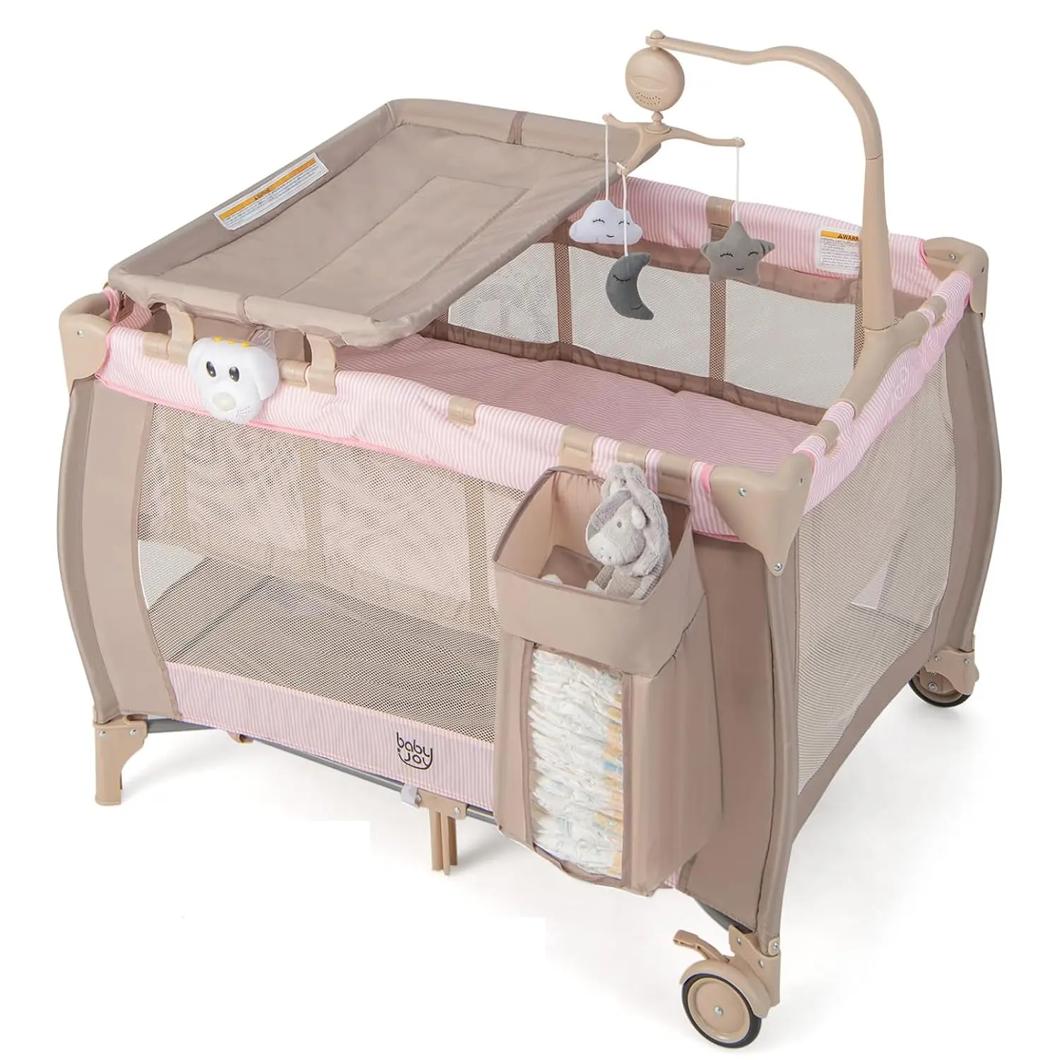 Costzon 3 in 1 Pink Pack and Play with Bassinet, Portable Baby Playard with Changing Table, Music Box, Hangings, Wheels/Brake, Basket, Foldable Infant Pink Bassinet Crib for Baby Girl Toddlers