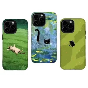 Whimsical Cat Art Pattern Phone Case Monet Water Lilies & Pastoral Meadow Design for iPhone 17 16 15 14 13 12 11 Pro ProMax Plus & Samsung S23 S24 S25 S26 Plus Ultra Gift For Her, For Teen Girl
