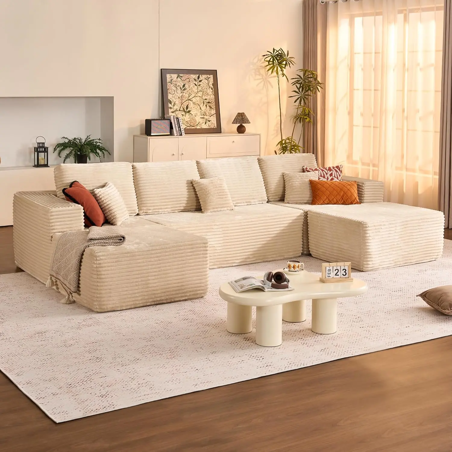 Beige +7 pillows + movable ottoman