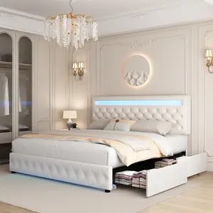 GEGOFORU Queen LED Storage Bed Frame with 4 Drawers, Smart RGBW Lights in Headboard & Footboard, App & Remote Control, Quiet Upholstered Platform Bed, Off-White PU / Velvet, No Box Spring Needed