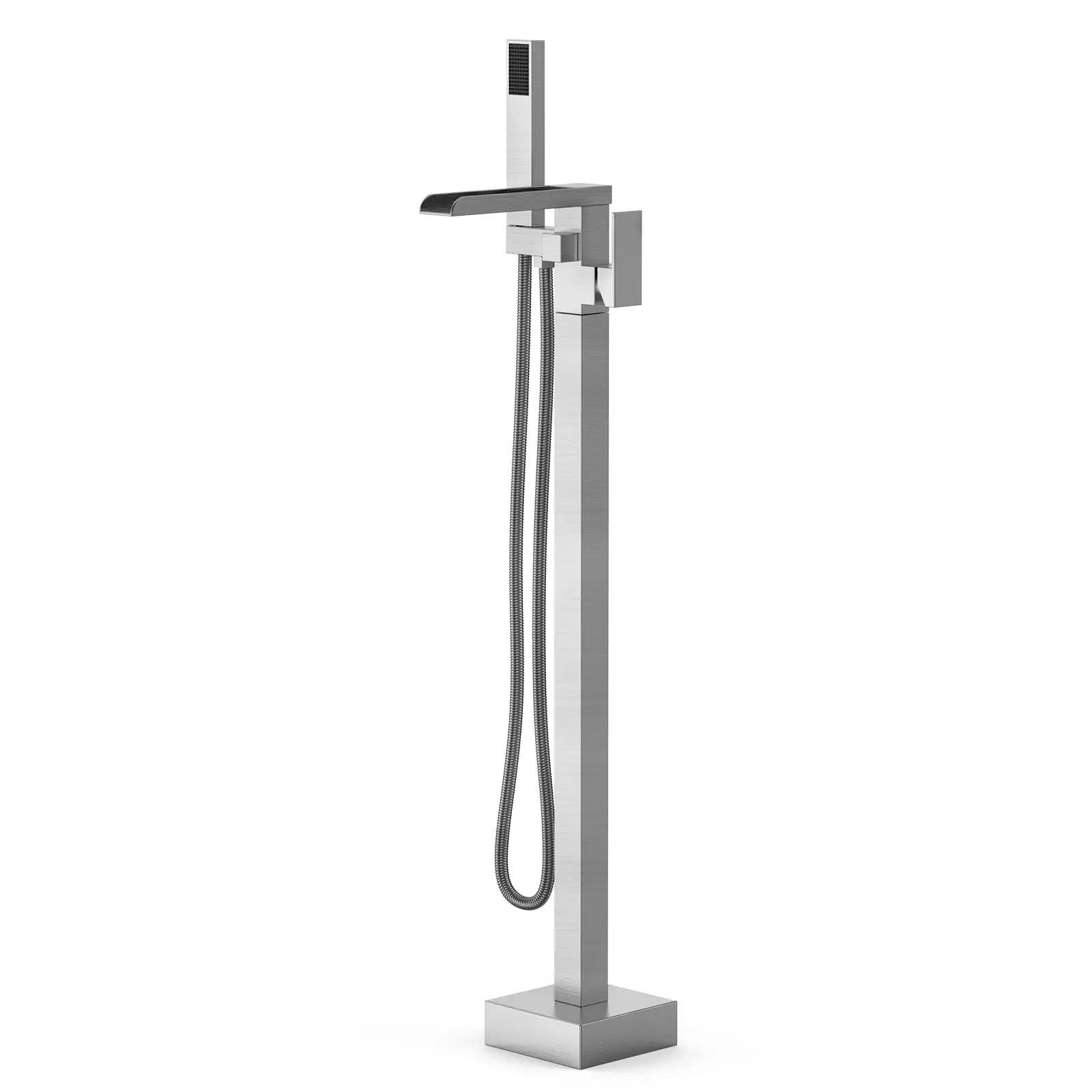 Modern Brushed Nickel Freestanding Bathtub Faucet - Floor-Mount Brass Mixer Tap with Single Handle, Handheld Shower, 360-Degree Rotatable Tub Spout, High Pressure Anti-Splash Design, Base Cover, 3/8-Inch Hoses, cUPC Certified, Includes Parts, Bathing, Flo