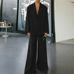 INCERUN Spring/Summer Men's Fashion Long Sleeve Blazer + Trousers Set, Men's Stylish Loose Fit Solid Color Two-Piece Set