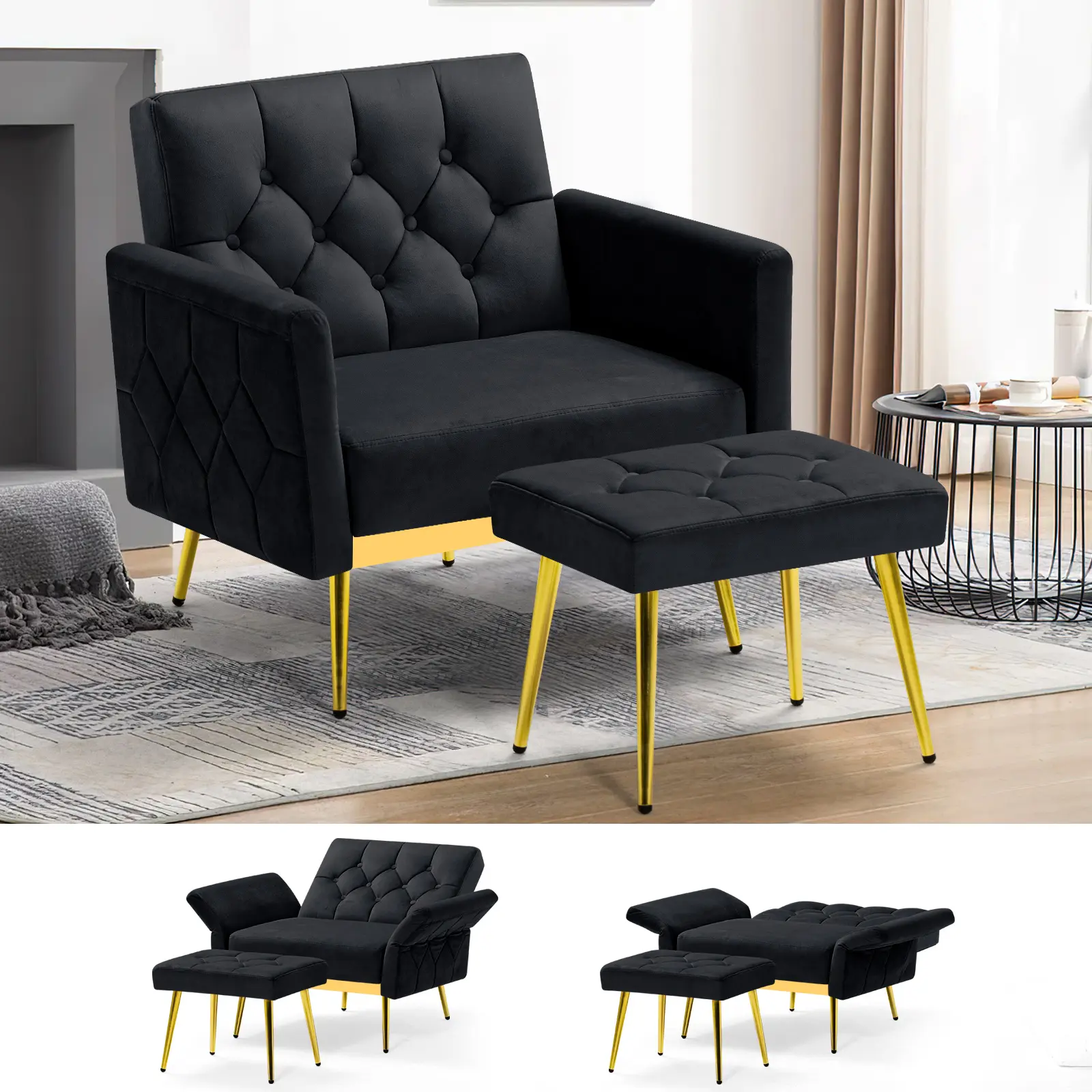 ACMEASE Velvet Tufted Accent Chair - Modern Furniture with Adjustable Armrests & Backrest, Matching Ottoman, Upholstered Single Sofa for Living Room, Bedroom