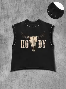 Men's Casual Vest, Tank Top, Vintage Bull Head Graphic Print, Western Tough Guy Style, Comfortable and Stylish, Regular Fit, Perfect for Various Casual Scenes, Fitted