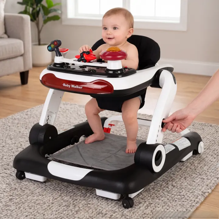 Baby Walker, 5-in-1 Baby Walkers for Boys and Girls 6-12 Months with Bouncer, Removable Footrest, Feeding Tray & Music,