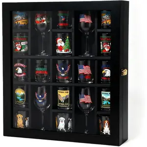 Black Shot Glass Display Case Large Wooden Cabinet Rack Holder Wall Mounted Shadow Box Lockable with  Glass Door 21 Slot Storage Case with Removable Shelves, 14.1"x12.7"