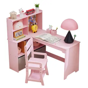 Garvee Kids Corner Computer Desk and Chair Set in Pink with Study Table, Bookshelf, Fabric Drawer, and Bulletin Board for Girls