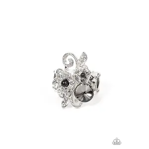 Bucketful of Bouquets - Black Bead Smoky Gem Silver Ring - Paparazzi
