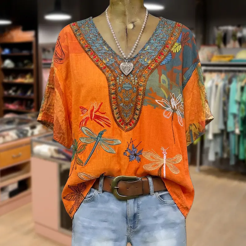 Cherrybetty 100%Cotton Retro Floral Embroidered V-Neck Cotton Blouse Womenswear Shirts Summer Cute Tops Plus Size Clothes Summer Clothes Women Clothes For Women's Tops