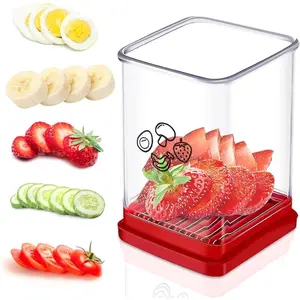Cup Slicer Fruit Strawberry Cutter: Banana Egg Speed Slicer With Push Plate - Stainless Steel Clear Cup, Quickly Making Fruits Vegetable Salad, Kitchen Portable Slicing Tool Cutting Gadget, Red
