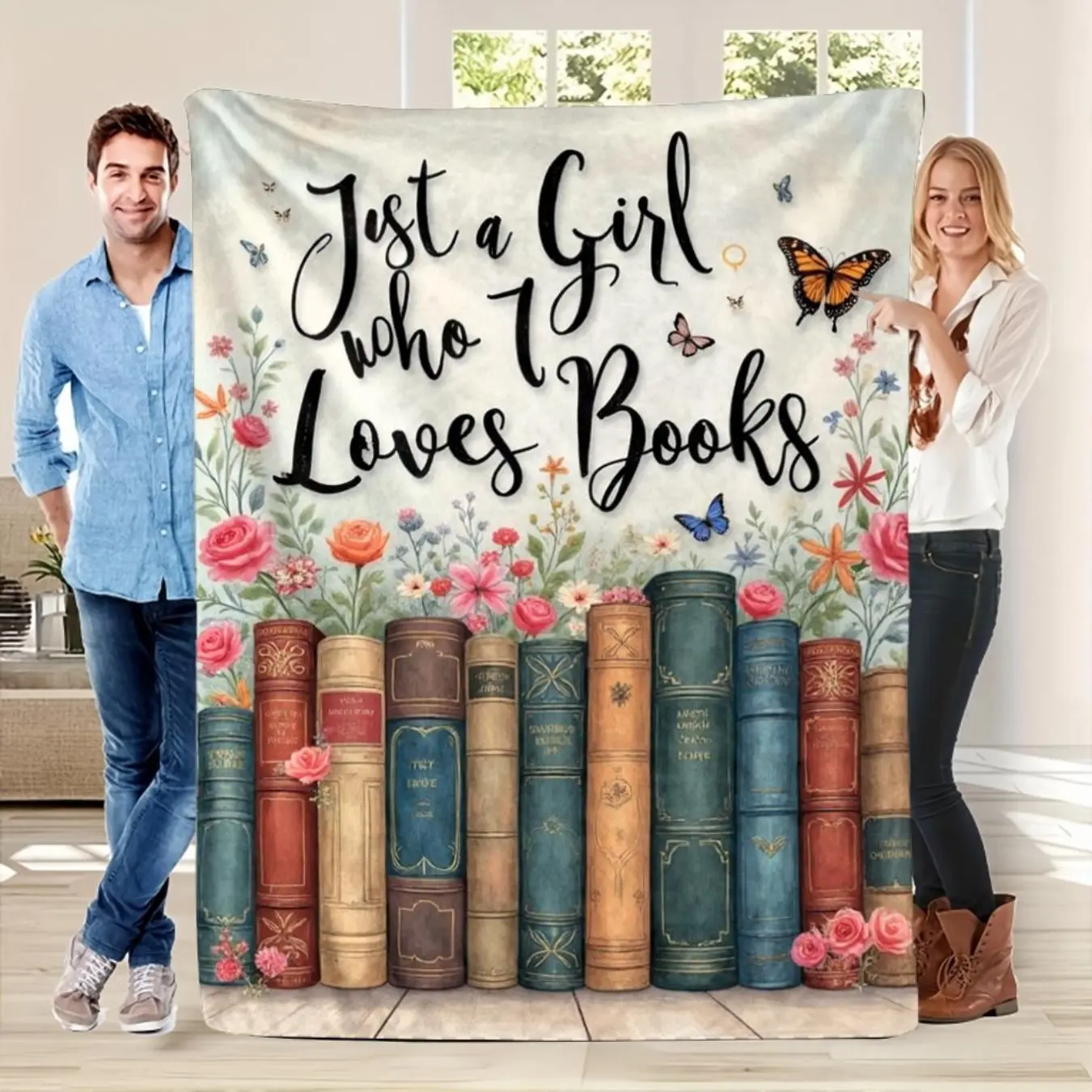 Book Lover Flannel Blanket - Soft Warm All-Season Book & Floral Print with "Just a Girl Who Loves Books" Design, Golden & Pink Bookworm Gift for Women All-Season Home Bedroom Bed Sofa Picnic Cover  Family Friends  Perfect Gift Christmas Presen