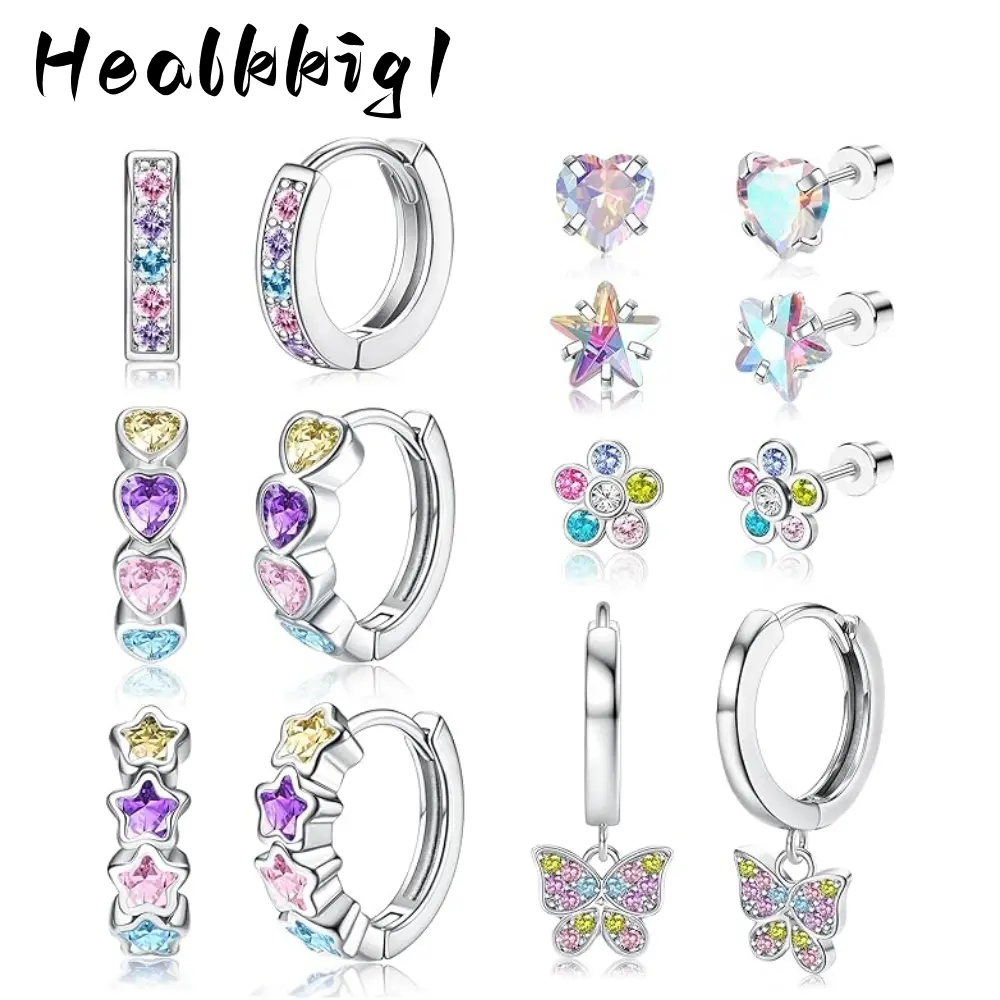 316L Stainless Steel Earrings for Girls, 7 Pairs, Synthetic Synthetic Zircon​ Pendant and Screw Back Design,