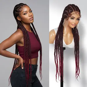 Authentic Glueless Full Lace Braided Wig Jumbo Straight Back Feed-In Braids Crisscross Heart Design 1B/BUG 36" BW Unit6