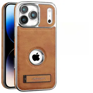 Luxury Durable Metal Texture Plated Leather Cellphone Case, Handheld Phone Accessory with Built-in Kickstand, Shockproof Stylish Cover for Protection