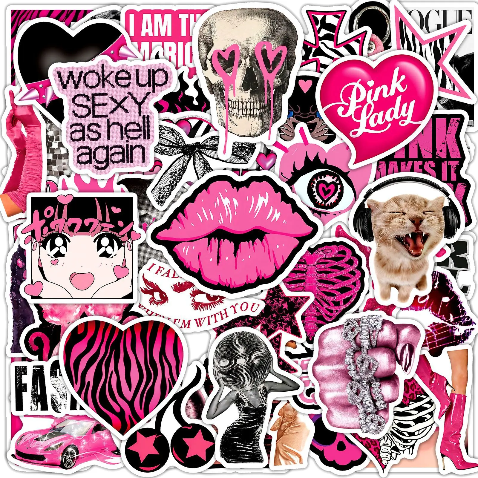 50Pcs Retro Y2K Black & Pink Stickers, DIY Decals, Side Decals. Faith-inspired designs with positive messages, for journals, laptops, water bottles. Ideal for decor and gifts. #Y2KStickers #RetroStickers #FaithStickers #PositiveVibes #DIYDecor #GiftIdeas