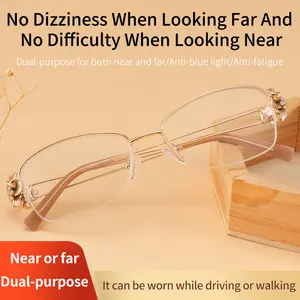 1 Pair New Photochromic Progressive Multifocal Reading Glasses, High-end Metal Semi-rim, Exquisite 3D Carving, Inlaid with Multiorful Stones, Multi-purpose, Trendy Fashion Women's Glasses