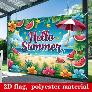 2D Flat Banner Polyester Photography Backdrop, HD Digitally Printed Soft Lightweight Foldable Background Cloth with Hello Summer Beach Ocean Watermelon Tropical Leaves Stars Umbrella Theme for Summer Party Decor, Vacation Photos,