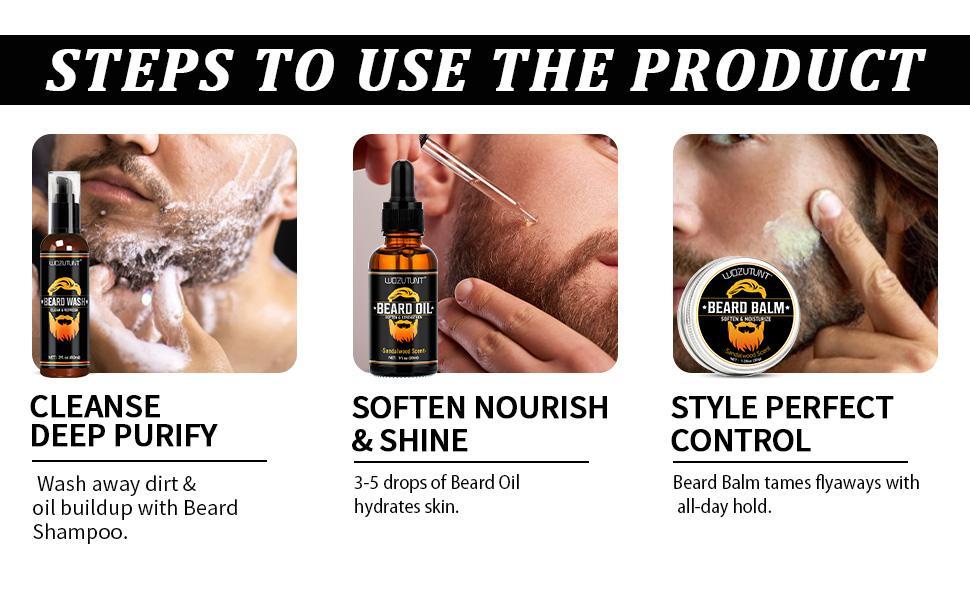 Beard Kit for Men Grooming & Care W/Beard Wash,3 Packs Beard Oil Beard Balm Leave-in Conditioner Premium Father's Day Gift
