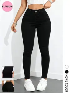 Flvsun Women's Black High-Waisted Super Stretchy Slim Denim Skinny Jeans - Minimalist Solid Lady Trousers, Classic Versatile Casual Bottoms with Buttons (Cold Wash Compatible)