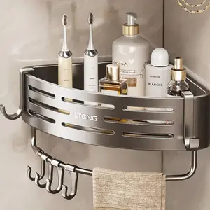 Gun Abs Triangular Suction Cup Shower Caddy, 3-Tier Corner Shelves, No Drilling, 40lbs Load Capacity, Bathroom Organizer, Towels Hook