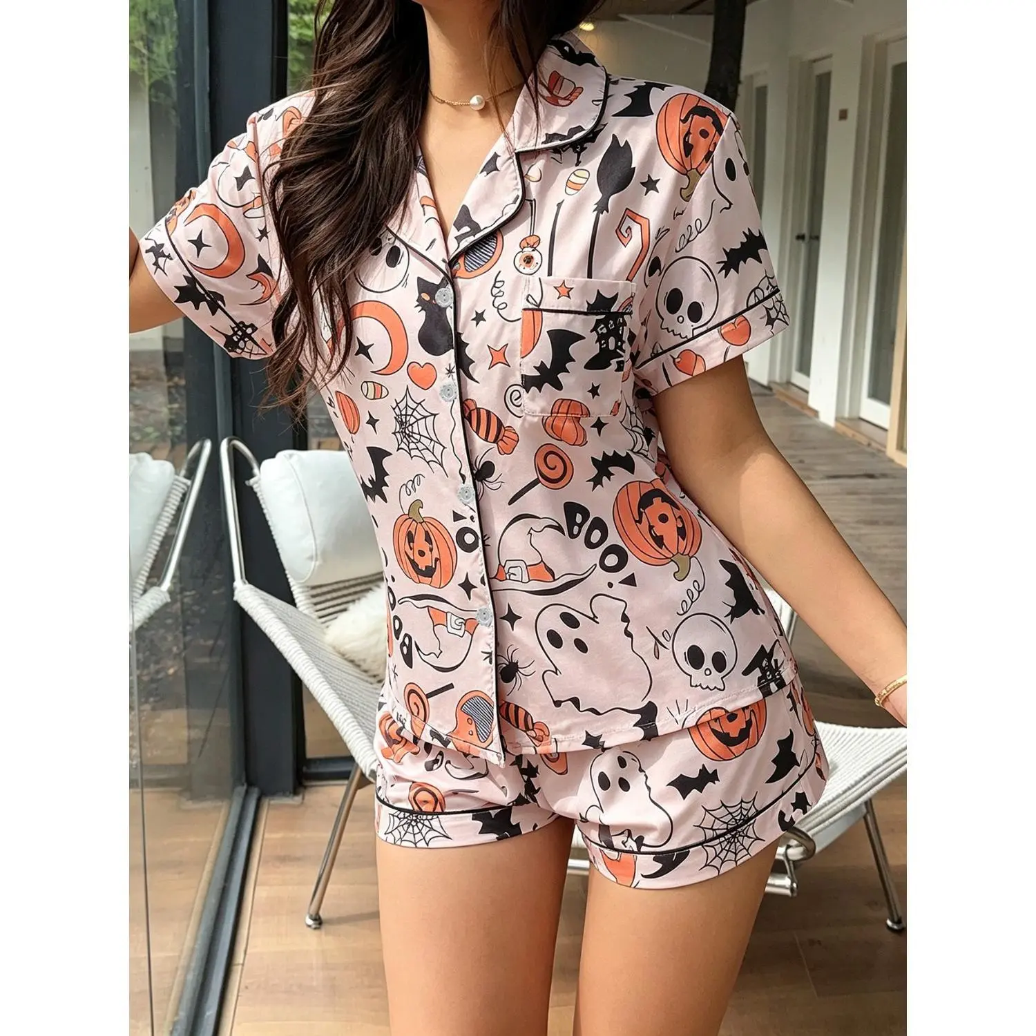 2-Piece Funny Pumpkin Black Cat Printed Pajama Set: Short Sleeve Collared Top and Bow Shorts for Women, Perfect for Spring, Summer, and Halloween